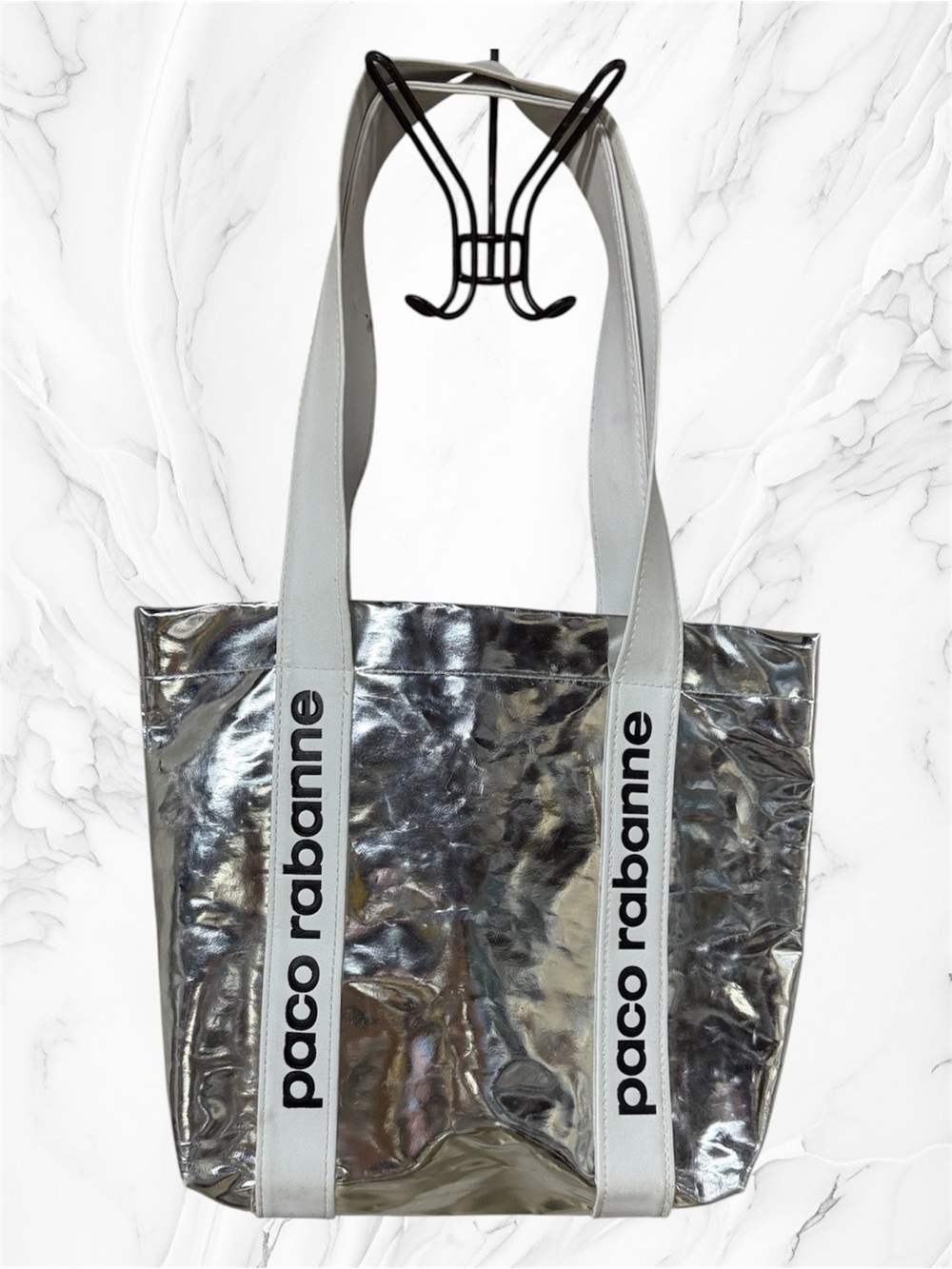 Paco Rabanne Silver Metallic Tote with White Logo Straps
